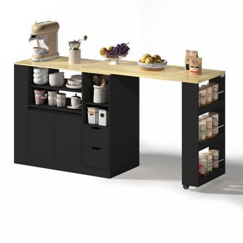 Isla De Cocina Con Encimera Extensible, Rincón De Café Y Mesa De Comedor Extensible - Negro