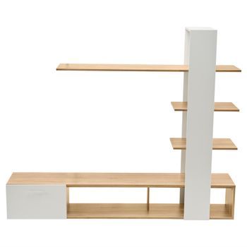 Mueble Tv Con Almacenaje - 3 Compartimentos Y 3 Estantes - Blanco Y Natural