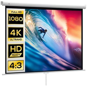 Pantalla de proyección HOMCOM de 84 pulgadas, proyector de vídeo, para cine en casa, 4:3 4K HD, fijación a pared o techo, 181x8 x cm, Blanco