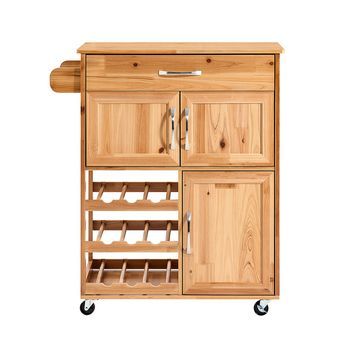 Sobuy Armario De Cocina Con Cajones Y Botellero Carro Con Ruedas De Madera Maciza Natural