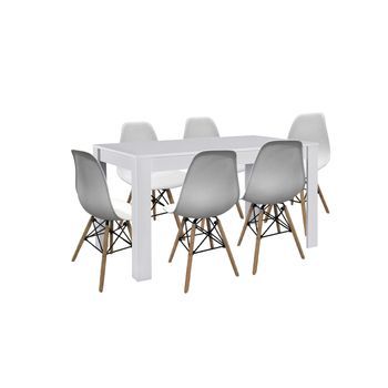 Pack Mesa De Comedor O Cocina Fija  Blanco + 6 Sillas Estilo Nordico Blanco