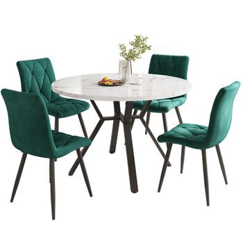 Conjunto Mesa De Cocina Y Sillas, Juego De Comedor 5 Piezas, Mesa Redonda Efecto Mármol 100x75cm, Mdf Y Metal, Blanco Y Verde