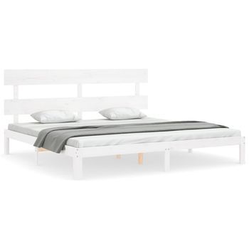 Cama Doble | Cama Para Adultos | Estructura De Cama Con Cabecero Madera Maciza Blanco 200x200cm