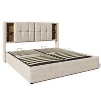 cama beige de lino 140 x 200 cm con almacenaje hidraulico 4 compartimentos y carga inalambrica usb y usb-c