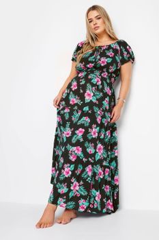 Yours Vestido Negro Largo De Flores Tropicales, Mujer Curvy Y Tallas Grandes, Yours