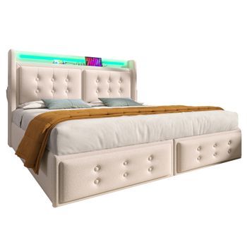 Cama Individual De 180 X 200 Cm - Con Cabecero Led Y Puerto Usb-c - Con Almacenaje Hidráulico - En Madera - Beige