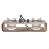 soporte de madera de acacia vasos de whisky tallados x2 pinzas de piedra y cubitos de hielo