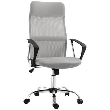 HOMCOM Silla de Oficina con Respaldo Curvo Reposacabezas y Ruedas Función Basculante y Giratoria 63x65x109-119 cm Gris Claro