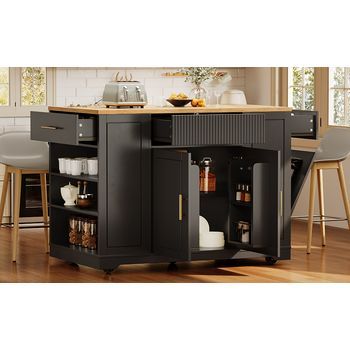 Isla De Cocina Con Máximo Almacenamiento - Mueble De Cocina Con Ruedas - Basurero Integrado - Carrito - Negro