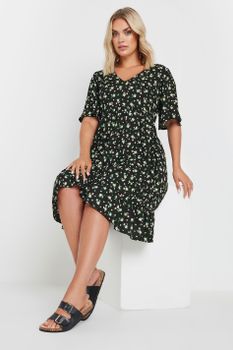 Yours Vestido Cintura Alta Negro De Flores , Mujer Curvy Y Tallas Grandes, Yours