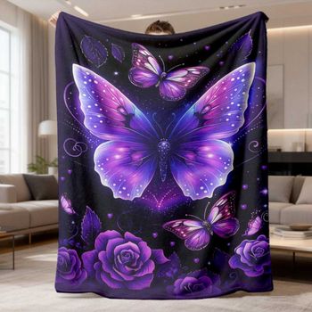 Manta de Franela con Estampado de Estrellas y Mariposas Moradas sobre Base Negra, Suave y Cálida, para Sofá, Regalo para Amantes de las Mariposas