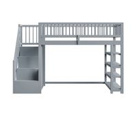cama alta de madera maciza 90x200 cm - diseno de seguridad con barandilla alta armario estantes y espacio de almacenamiento con escalera segura - gris
