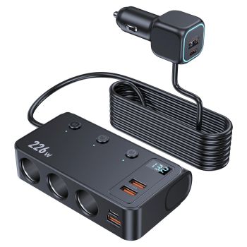 Cargador de coche USB PD de 9 puertos C33 226W divisor de encendedor de cigarrillos 4 USB-A+2 USB-C+3 Cigarrillos compat