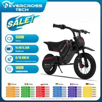 Motocicleta Eléctrica EVERCROSS TECH EV05M para Niños, 150W, Velocidades 8/16 km/h, Alcance de hasta 10 km, Motocicleta Todoterreno de 12 Pulgadas