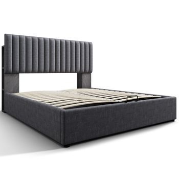 Cama De Matrimonio Acolchada, 160x200 Cm, Led Controlable A Través De Una Aplicación, Con Cargador Usb Type-c, Gris (con Colchón)