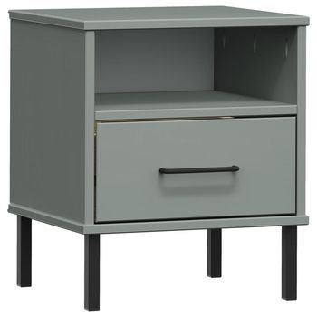 Mesita De Noche | Mesa Auxiliar | Mesilla Patas De Metal Madera Maciza Pino Gris Oslo