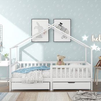 Cama Cabaña Infantil De Madera Maciza Con 2 Cajones, Barrera Y Somier De Lamas, Blanca, 200x90 Cm