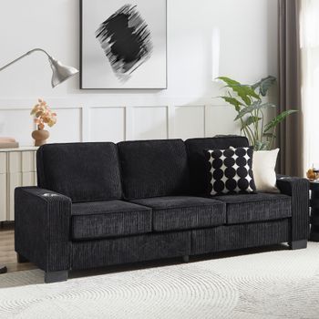 Sofá Moderno De 3 Plazas En Terciopelo Negro Con Portavasos, 206 Cm