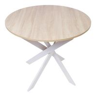 mesa de comedor fija redonda modelo zen 90 x 90 x 77 cm de altura capacidad hasta 4 personas materiales resistentes acabado madera color roble con patas metalicas blanco lacado mate