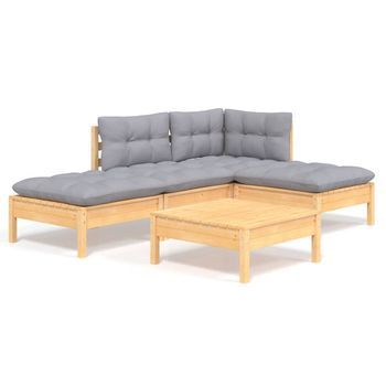 Conjunto De Muebles De Jardín 5 Uds | Mesa Y Sillas Y Cojines Madera Pino Gris