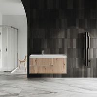 mueble de bano suspendido de 120 cm blanco y roble dorado con acabado en canizo sin espejo cortina