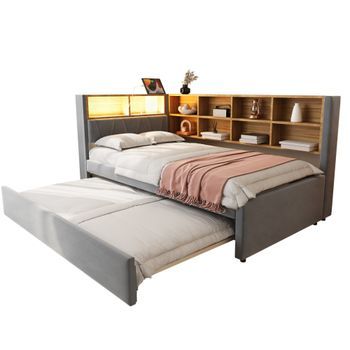 Sofá Cama 90x200 Con Cama Nido, Luces Led Y Enchufes, Cama Tapizada De Franela Gris Oscuro
