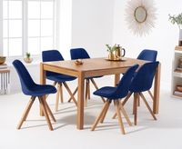 oxford 150cm solid oak dining table with oscar velvet chairs - blue 6 chairs