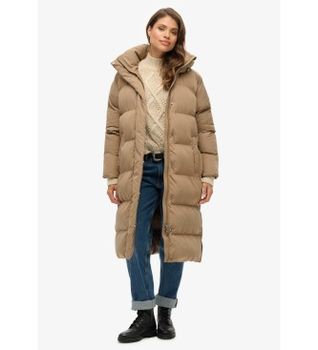 Superdry para mujer. W5011801A Abrigo acolchado largo con capucha marrón (XL), Casual, Poliéster, Sostenible