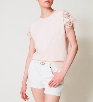 Twinset para mujer. 251TP2290 Camiseta estándar con encaje beige (L), Casual, Algodón, Manga corta
