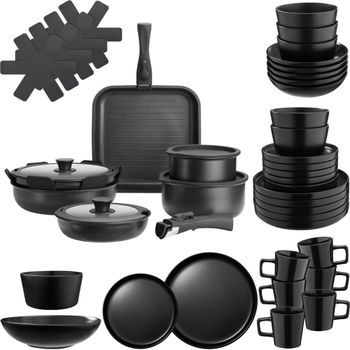 Set básico de cocina para 6 personas, 47 piezas, gris/negro