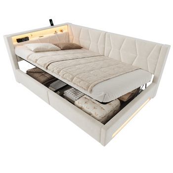 Cama Tapizada 140x200 Con Canapé Abatible, Puertos Usb/tipo C Y Luces Led, Cama De Terciopelo Beige