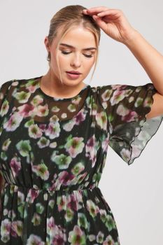 Yours London Vestido Negro Largo De Flores Con Volantes , Mujer Curvy Y Tallas Grandes, Yours London