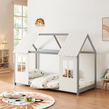 Cama Para Niños Tostedt En Forma De Casita 90x200 Cm - Gris/blanco [en.casa]