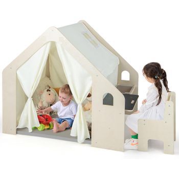 Tienda De Campaña Para Niños De Madera 6 En 1, Casita Infantil Con Pizarra Costway 131 X 98 X 113 Cm
