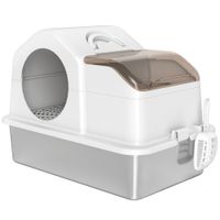 pawhut arenero para gatos cubierto con bandeja de acero inoxidable tapa extraible bordes altos facil de limpiar blanco