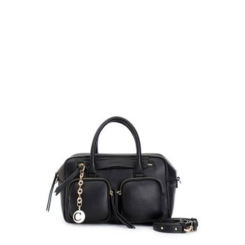 bolso boston con bolsillos y charm de metal. black