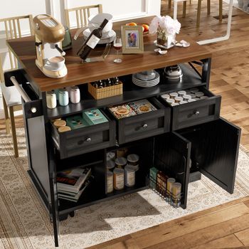 Isla De Cocina Con Ruedas Negra De 118 Cm, Mesa Abatible Y Amplio Almacenamiento