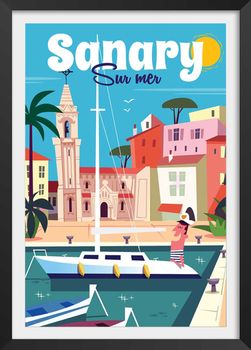 Póster de vacaciones sanary con marco negro 20x30cm