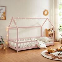 cama infantil hesel en forma de casa pino con reja 90x200cm - rosa encasa