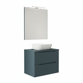 Kibath Mueble De Baño Con Lavabo, Espejo Y Aplique Led Boreal 60x45 Cm Sobre Encimera Acabado Azul Oceano Mate 2 Cajones Suspendido