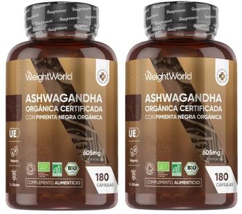 WeightWorld Ashwagandha Orgánica con Pimienta Negra Orgánica 605mg 2x180 Cápsulas