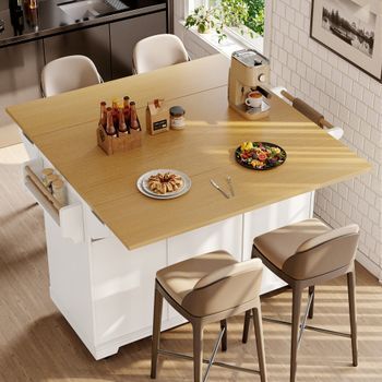 Isla De Cocina Con Mesa Extensible - Almacenamiento Inteligente Con Ruedas - Blanco - Cocina Y Sala De Estar