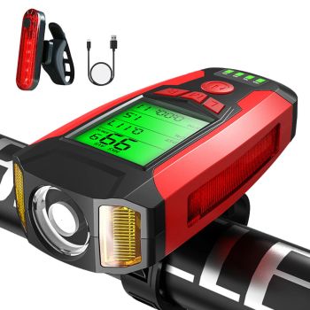 BIKIGHT Juego de Luces para Bicicleta 3 en 1 350LM Faro Medidor de Velocidad Bocina con 4 Modos Luz Trasera de Advertenc