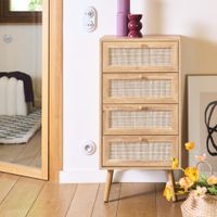 comoda de 4 cajones con efecto madera  y cana natural