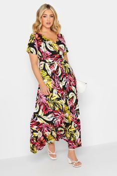 Yours Vestido Largo Negro De Hojas De Palmera Rosas, Mujer Curvy Y Tallas Grandes, Yours