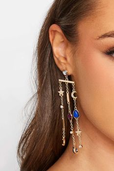 Pendientes Largos De Borlas Doradas Con Estrellas Y Lunas