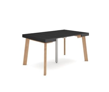 Mesa consola extensible, mesa comedor plegable, 140x90x73cm, para 6 comensales, patas de madera, estilo moderno, negro