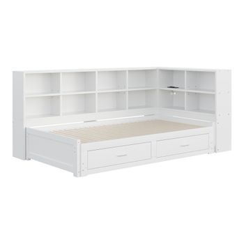 Cama Extensible Blanca De 90 A 180 X 190 Cm Con Estantes, Usb Y 2 Cajones