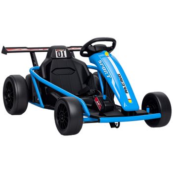 AIYAPLAY Kart eléctrico 24V para conducir y derrapar, ruedas de nylon, cinturón de seguridad, claxon, música para 8-12 años Azul   Aosom España