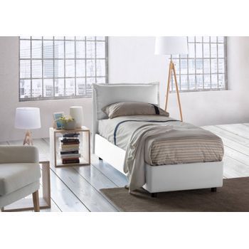 Talamo Italia Cama Individual Con Contenedor Veronica, Made In Italy, Cabecero Y Funda De Tela, Apertura Frontal, Con Colchón De 80x190 Cm Incluido, Blanco